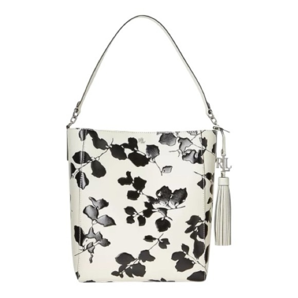 Lauren Ralph Lauren Adley Leather Shoulder Bag Floral White with Black Embossed - Picture 1 of 9